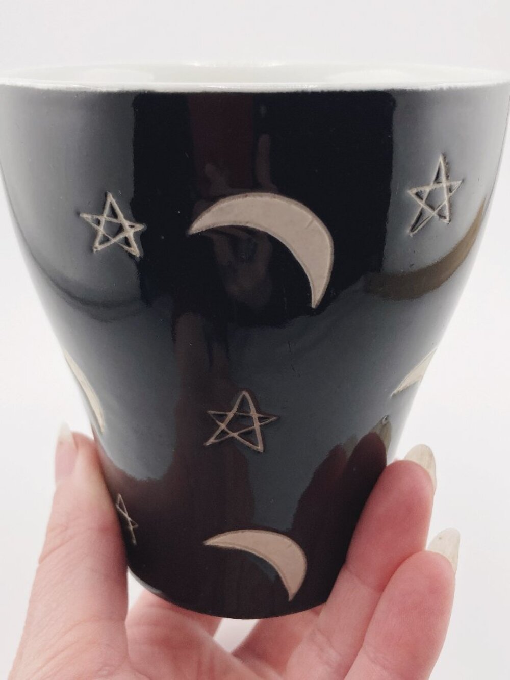 VINTAGE Stars and crescent moons black and creamy white handless mug Y2K teacup